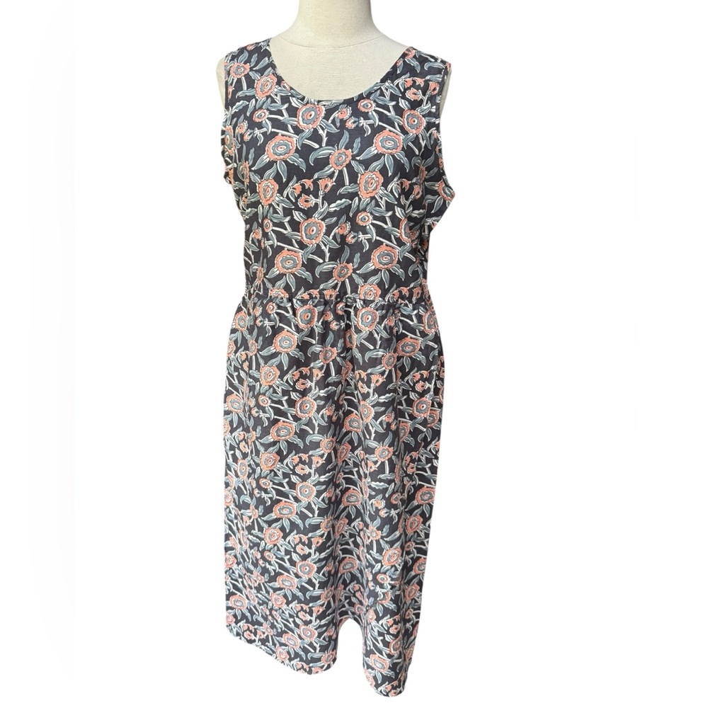 NWOT 1990s Orvis Carbon Kalamkari Print Linen/Cotton Tank Dress w/Faux Wrap